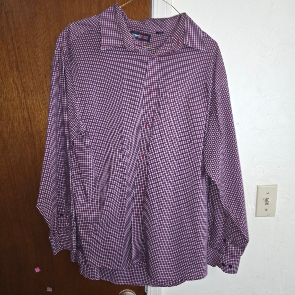 Roundtree & Yorke TravelSMART Shirt Men's XXL Red Navy Check Long Sleeve